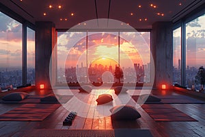 Yoga studio with city view at sunset in a hardwood room