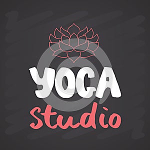 Yoga studio Lettering label. Calligraphic Hand Drawn yoga sketch doodle. Vector illustration on chalkboard background