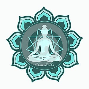 Yoga studio logo design. Mandala symbol and meditating person isolated on white