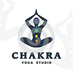 Yoga studio logo template. Chakra company logotype. Meditation pose silhouette design.