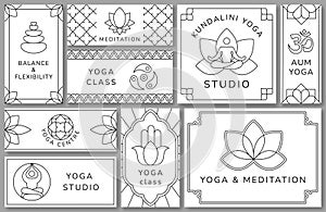 Yoga studio templates. Lotus flower, meditation and harmony balance flyer and banner design layout with line art vector