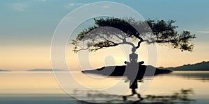 Yoga style woman silhouette on bech blurred background