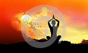 Yoga at sunset, abstract vector illustration.