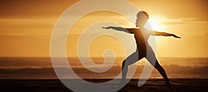 Yoga, sunset and silhouette of woman in warrior pose for exercise, fitness or meditate at beach on mockup