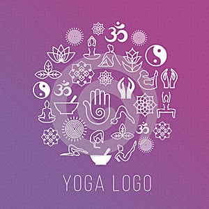 Yoga symbols in round label shape. Vector meditation and spiritual, harmony health concept