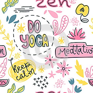 Yoga symbols, slogan and abtract objects. Vector seamless pattern