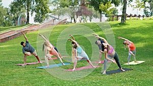 Yoga synergy: group side stretch in nature