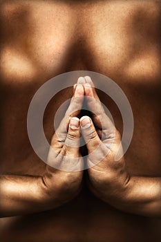 Yoga theme with reversed namaste photo