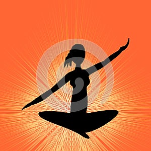 Yoga training banner with black girl silhouette in lotus position on orange background with rays