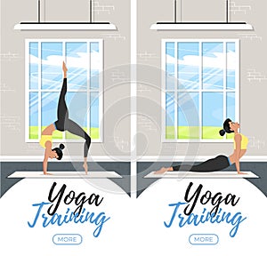 Yoga training vertical flyers in flat style