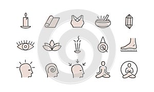 Yoga vector set. Outline colored icon collection for yoga studio, buddhist retreat, spiritual practice or Vipassana