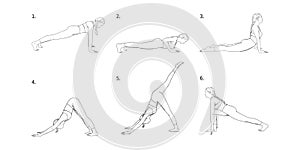 Yoga vinyasa for strength and energy accumulation. Yogi girl in hatha sequence. Vector illustration