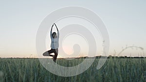 Yoga vrikshasana tree pose by woman at sunset