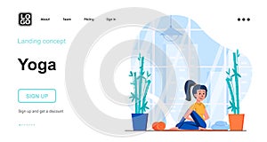 Yoga web concept. Woman practicing asanas, doing fitness in gym. Sports training of stretching. Template of people scene. Vector