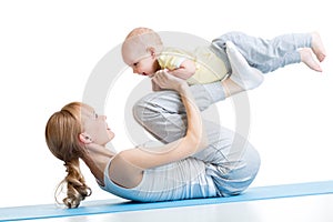 Yoga for woman and baby. Mother with child boy