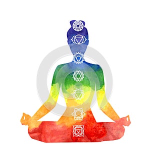 Yoga woman with chakra symbols.