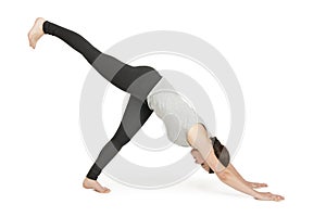 Yoga woman grey Position adho muka shavasana