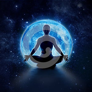 Yoga woman in moon and star. Meditation girl in moonlight