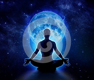 Yoga woman in moon and star. Meditation girl in moonlight