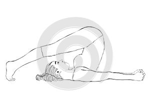 Yoga, woman in a pose halasana, vector coloring drawing portrait. Cartoon girl is engaged in gymnastics. Contour outline black and