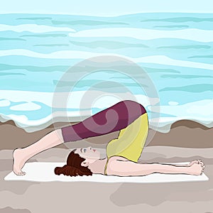 Yoga, woman in a pose halasana, vector multicolored drawing portrait. Cartoon girl is engaged in gymnastics against the