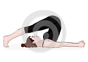 Yoga, woman in a pose halasana, vector multicolored drawing portrait. Cartoon girl is engaged in gymnastics. Isolated on