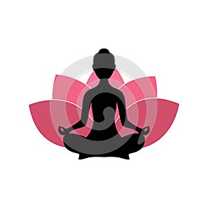 Yoga Woman Silhouette, Pink Lotus Flower Background Logo Design