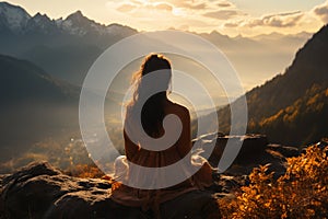 Yoga woman sitting on top of a mountain at sunrise. Mountains in the fog. Meditation. Generative Ai