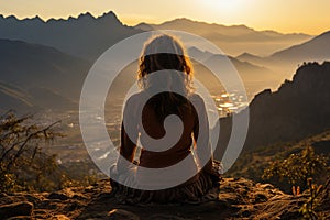 Yoga woman sitting on top of a mountain at sunrise. Mountains in the fog. Meditation. Generative Ai