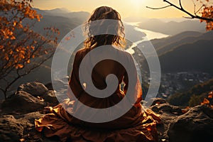 Yoga woman sitting on top of a mountain at sunrise. Mountains in the fog. Meditation. Generative Ai