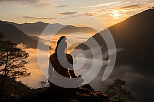 Yoga woman sitting on top of a mountain at sunrise. Mountains in the fog. Meditation. Generative Ai