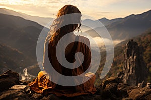 Yoga woman sitting on top of a mountain at sunrise. Mountains in the fog. Meditation. Generative Ai