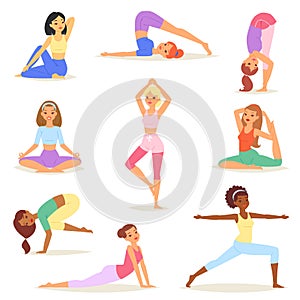 Yoga woman vector young women yogi character training flexible exercise pose illustration set of healthy girls lifestyle