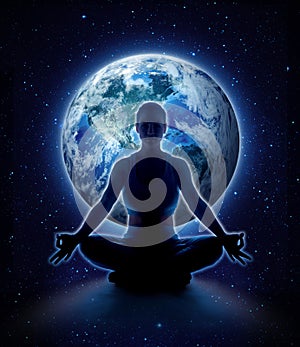 Yoga woman on the world. Meditation girl on planet earth