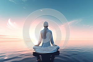 yoga woman young pier lotus ocean pose sea summer vacation background fitness lifestyle. Generative AI.