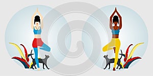 Yoga. Womans standings in tree pose yoga position and meditating. Next to womans sits cat. vector illustration