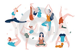 Yoga for women with any shape. Slim and overweight women doing yoga in different poses vector flat illustration isolated