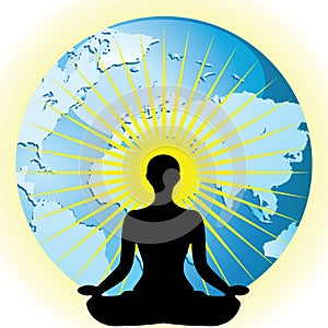 Yoga women silhouette in pose flower lotus on Earth globe vector illustration