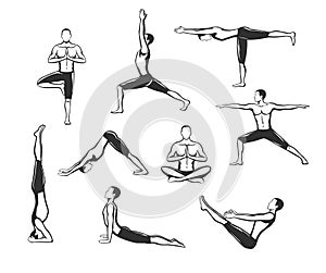 Yoga Workout. Silhouettes of a Man in Tree, Sirsasana, Boat, Warrior one, two, three, downwards and upwards facing dog, lotus Pose