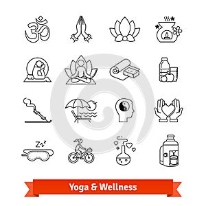 Yoga workout and wellness program. Icons set