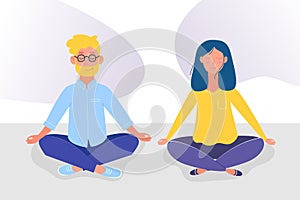 Yoga. A young woman and man are sitting in the lotus position. A woman and man are meditating. Practicing yoga. Vector