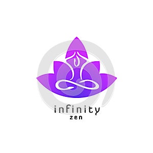 Yoga zen pose logo with lotus flower silhouette.