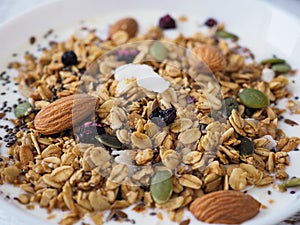 Yoghurt bowl with muesli granola close up.