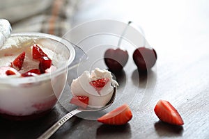 Yoghurt with fresh strawberries and cherries