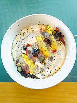 Yoghurt granola bowl with fruits and chia seeds