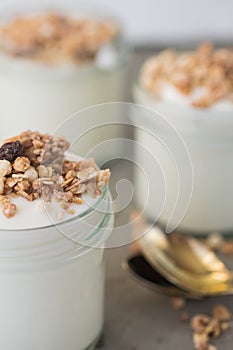 Yoghurt with granola made of oats, raisins, puffed rice, chocolate and dried bananas. Healthy breakfast for family.