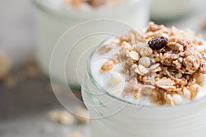 Yoghurt with granola made of oats, raisins, puffed rice, chocolate and dried bananas. Healthy breakfast for family.