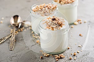 Yoghurt with granola made of oats, raisins, puffed rice, chocolate and dried bananas. Healthy breakfast for family.