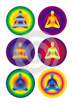 Yogi in asana lotus in the center of the rainbow circle. Spiritual symbol mandala. 6 color options. Spiritual symbol.