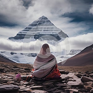 Yogi Baba practising puja in front of Kailash parvat. Poster design for wallpaper.Generative Ai photo